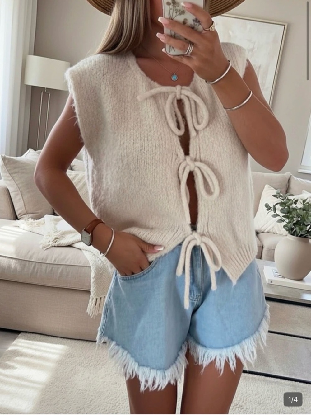 Shein Cream Tie-Front Knit Vest